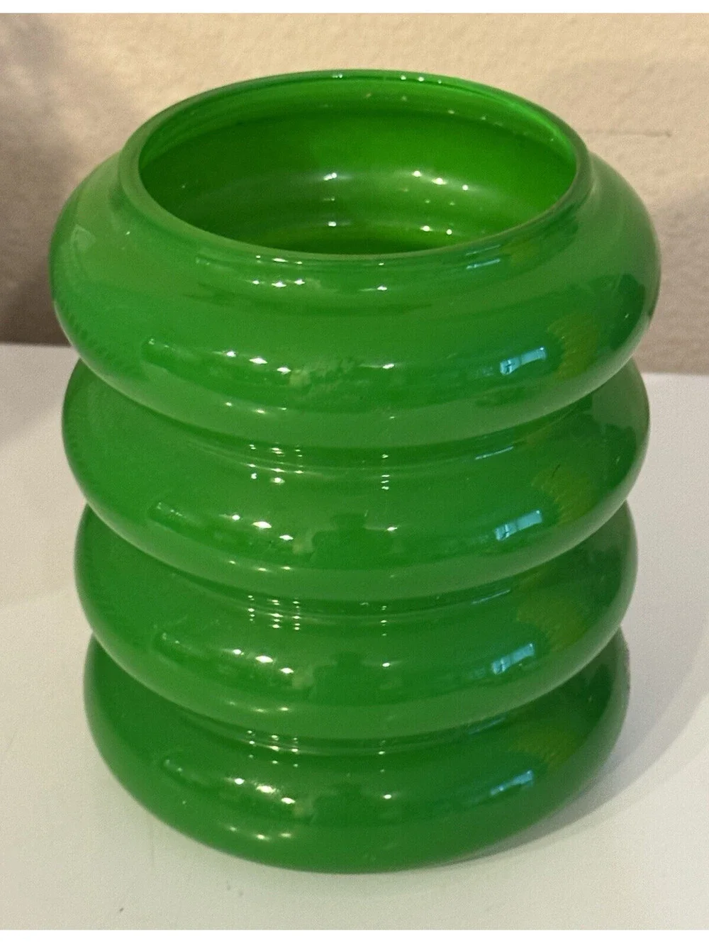 IKEA Green Ribbed Glass Vase, Glossy Finish, 7.5 in H Decorative Container